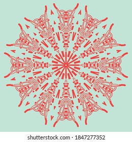 Schönes rotes Mandala-Design auf minzgrünem Hintergrund. Vektorgrafik.
