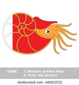 Beautiful Red Nautilus. Dot to dot educational game for kids. Half tracing page.