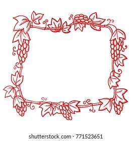 Beautiful red ornate frame, with grape patterns, silhouette-drawing on white background, vector