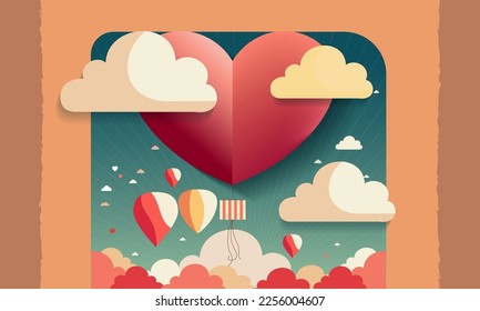 Beautiful Red Paper Heart Shape Balloon, With Rays, Colorful Clouds Background For Love Or Valentine Concept.