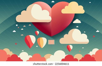 Beautiful Red Paper Heart Shape Balloon With Rays, Colorful Clouds Background For Love Or Valentine Concept.