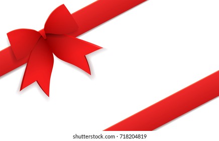 Beautiful red paper or silk diagonal bow with ribbon and transparent shadow isolated on white background Vector illustration gift card template