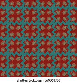 Beautiful red patterns with pointed elements on sea-green background. Seamless illustration with winter colors for modern projects.