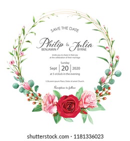 Beautiful red and pink floral, flower wedding invitation card on white background. Vector, water color. Rose, magnolia, silver dollar plant.
