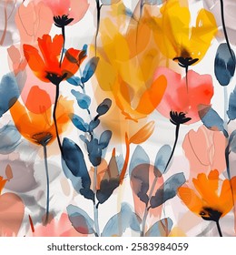 Beautiful Red Pink Orange Brown French Grey White Abstract Wild Flower Elegant Leaf Watercolor Scandinavian Design Seamless Pattern Wallpaper Curtain Bedding Upholstery Pastel Fabric Background Vector