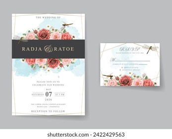 beautiful red and pink roses wedding invitation card set template
