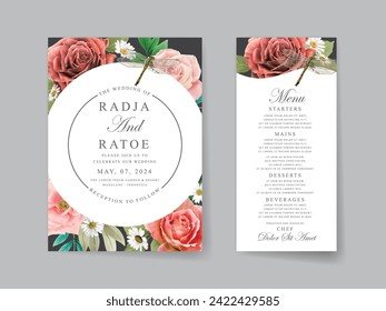 beautiful red and pink roses wedding invitation card set template