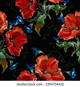 Beautiful red poppies and blue flowers, embroidery seamless pattern. Fashion art nouveau template for clothes, t-shirt design. Renaissance spring style 