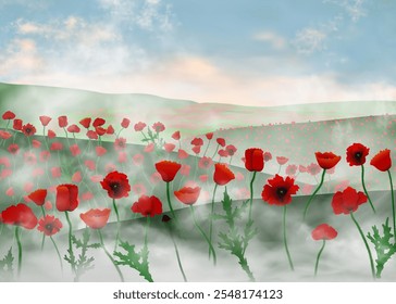 Beautiful red poppies field inside the hazy mist clouds early at morning vector illustration. Cool art colorful realistic hills landscape.
