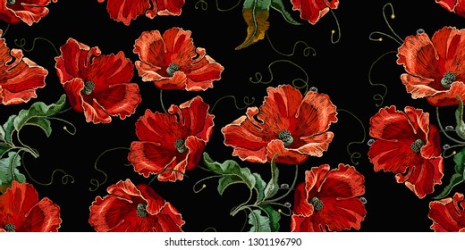 Beautiful Red Poppies Flowers, Embroidery Seamless Pattern. Renaissance Spring Style. Fashion Art Nouveau Template For Clothes, T-shirt Design 