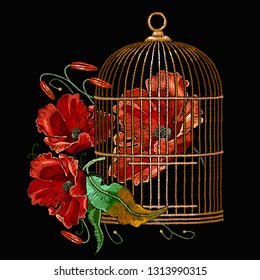 Beautiful red poppies flowers and golden cage, embroidery. Renaissance spring style. Fashion art nouveau template for clothes, t-shirt design 