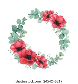 Beautiful red poppy anemone and eucalyptus floral wreaths