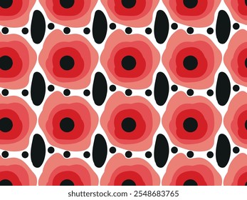 Beautiful red poppy flower with black leaves . Floral seamless vector pattern for design and decoration. 