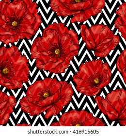 Beautiful red poppy flowers  on a geometric background .Vector seamless pattern