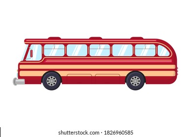 Beautiful red retro bus. Side view. Passenger transport. Colored silhouette. Vector flat graphic illustration. The isolated object on a white background. Isolate.