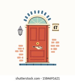 Beautiful Red retro vintage Front Door. Lamp on a brick wall. Building number. House Exterior. Home Entrance. Hand drawn colored vector illustration. Isolated on a white background