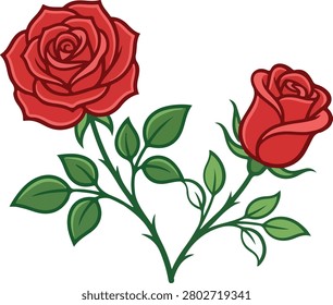 Beautiful red rose bouquet vector illustration featuring two blooming roses with green leaves and elegant stems. This floral botanical artwork is perfect for logos, greeting cards, wedding designs, stickers, invitations, prints, wall art, and decorative projects. The clean vector style and vibrant colors make it ideal for both digital and print use.
#RedRose #RoseVector #FloralDesign #BotanicalArt #FlowerIllustration #RoseBouquet #VectorArt #FloralVector #NatureDesign #ElegantFlowers