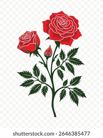 A beautiful red rose bush illustration, perfect for floral designs. Isolated on a transparent background, vector graphic.