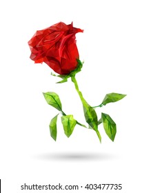 Beautiful red rose composed of triangles. Geometric vector flower made from triangles