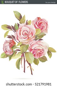 Beautiful Red rose flower bouquet isolated on white background. Hand drawn watercolor. No transparency, shadows and not auto-traced, eps8