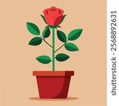 Beautiful Red Rose in a Flowerpot Vector Illustration