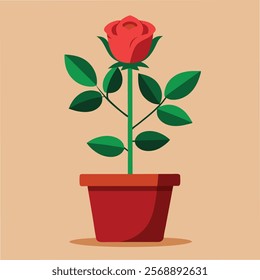 Beautiful Red Rose in a Flowerpot Vector Illustration