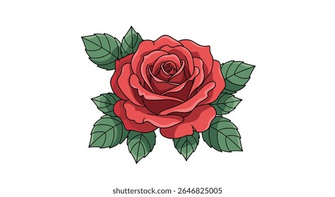 A Beautiful Red Rose with Green Leaves Symbolizing Love Romance and Natural Beauty