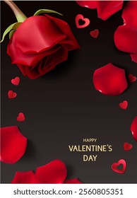 Beautiful red rose, heart confetti and red petals on black background. Happy Valentines Day text. Vector stock illustration.
