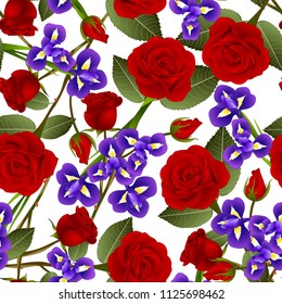 Beautiful Red Rose and Iris Flower on White Background. Valentine Day. Vector Illustration.