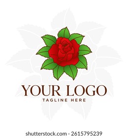Beautiful red rose logo with leaves around it.