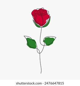 Hermosa rosa roja. Dibujo de una línea, línea continua, lineal, minimalismo. Ilustración vectorial, concepto, logotipo, emblema, impresión, tatuaje, cartel, postal.