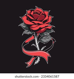 Beautiful red rose and ribbon, vintage illustration. Perfect for tshirts and tattoo