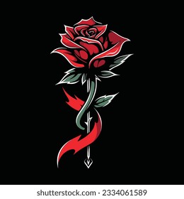 Beautiful red rose and ribbon, vintage illustration. Perfect for tshirts and tattoo