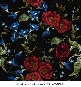 Beautiful red roses and blue flowers, embroidery seamless pattern. Fashion art nouveau template for clothes, t-shirt design. Renaissance spring style 