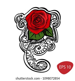 beautiful red roses composition with leafs and tracery doodle , black outline line art isolated on white. vector illustration