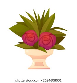 Beautiful red roses flowers bouquet with leaves in pot on a stand vector flat illustration. Wedding venue ceremony blossom decoration. Cartoon romantic potted plant floral design element isolated