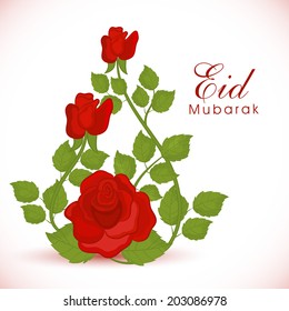 Beautiful red roses and green leaves decorated greeting card design for Muslim community festival Eid Mubarak celebrations. 