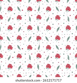 Beautiful red roses, leaves and dots seamless pattern in vector technique, on white background. Create fabric, card, banner and more 