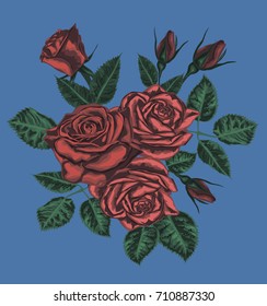 Beautiful red roses on blue - high detailed retro art 