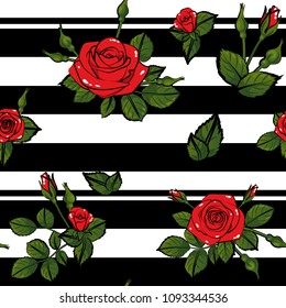 Beautiful red roses pattern  striped tile seamless repeat texture with leafs and buds, vector illustration romantic mood