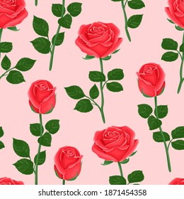 Beautiful red roses seamless pattern. Blooming flowers with green leaves on a pink background. Vector floral illustration in cartoon flat style.