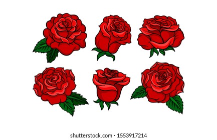 Beautiful Red Roses In Tattoo Style Vector Illustrations Set