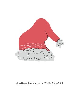 Beautiful red Santa Claus hat with white fur isolated on white background. Hand drawn vector flat colored illustration. Traditional merry christmas and happy new year wear for party celebration