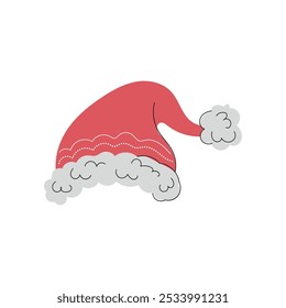 Beautiful red Santa Claus hat with white fur isolated on white background. Hand drawn vector flat colored illustration. Traditional merry christmas and happy new year wear for party celebration