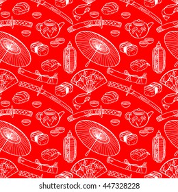 beautiful red seamless pattern of different Japanese symbols. hand-drawn illustration