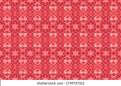 Hermoso patrón rojo sin costuras para San Valentín día con formas de corazón rosado