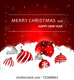 Beautiful Red Seasonal Banner with Shiny Christmas Balls on Snow with Snowflakes Falling. Vector Illustration