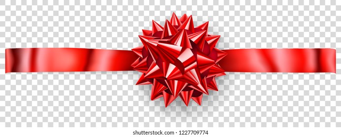 Beautiful red shiny bow with horizontal ribbon with shadow on transparent background