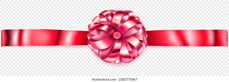 Beautiful red shiny bow with horizontal ribbon with shadow on transparent background