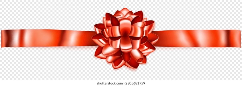 Beautiful red shiny bow with horizontal ribbon with shadow on transparent background